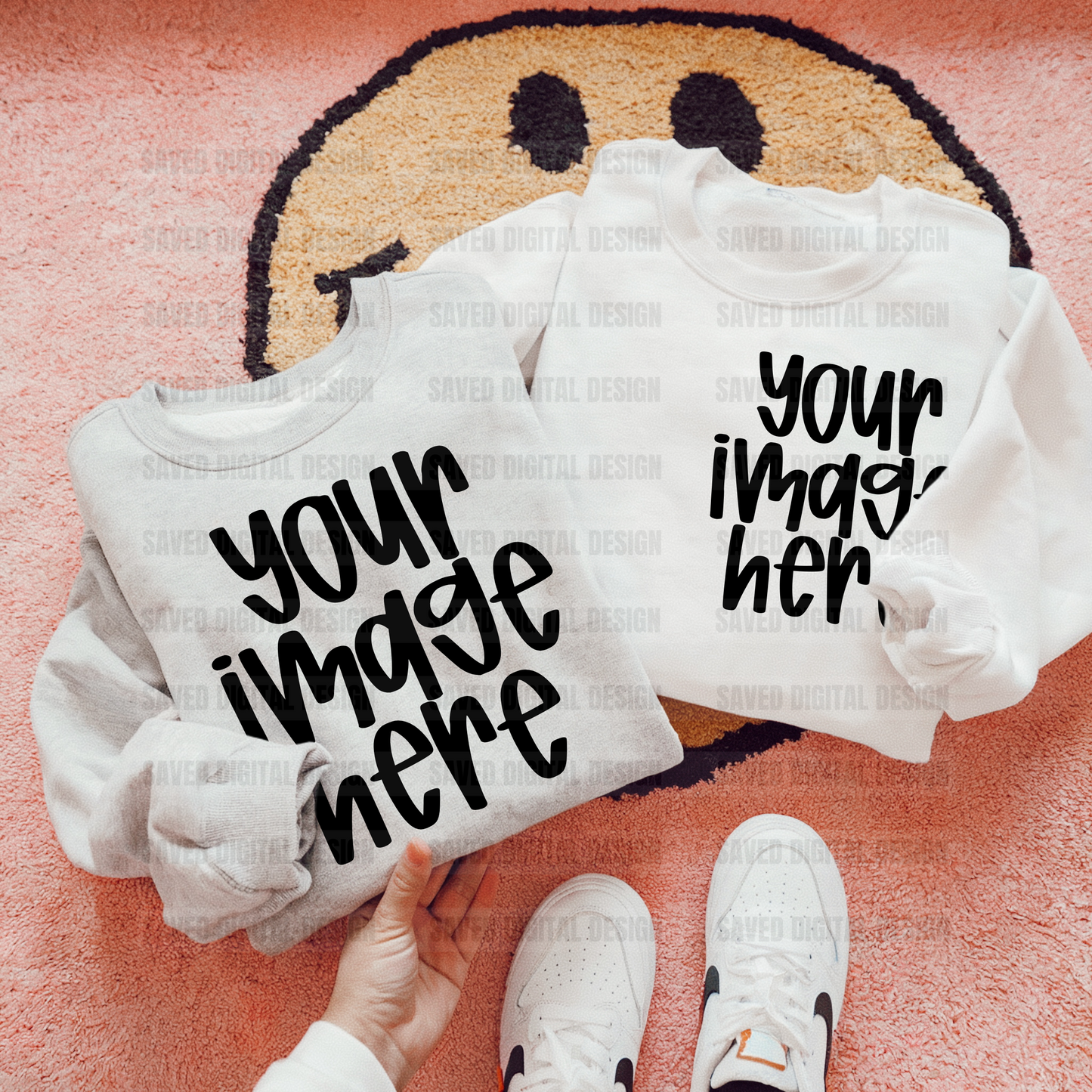 GILDAN WHITE + GREY LAYERED FLAT LAY SWEATSHIRT MOCK SMILE RUG