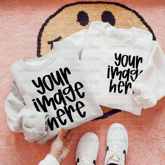 GILDAN WHITE + GREY LAYERED FLAT LAY SWEATSHIRT MOCK SMILE RUG