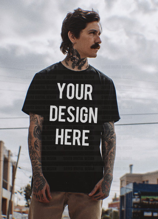 BLACK GILDAN T-SHIRT MODELED MEN MOCK EDGY