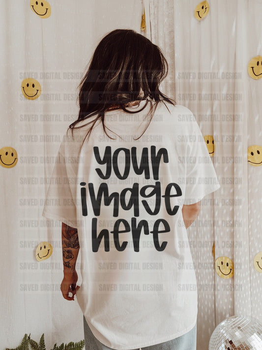 WHITE GILDAN BACK OF T-SHIRT MODELED MOCK SMILE WALL