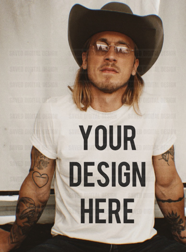 WHITE GILDAN T-SHIRT MODELED MEN MOCK COWBOY HAT