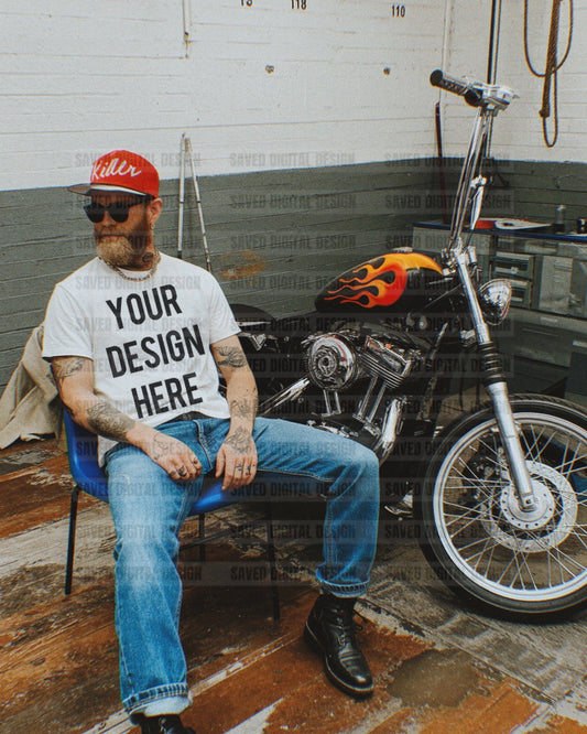 WHITE GILDAN T-SHIRT MODELED MEN MOCK MOTORCYCLE