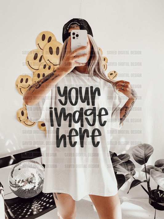 WHITE GILDAN T-SHIRT MODELED MOCK SMILE WALL COLLAGE WITH DISCO