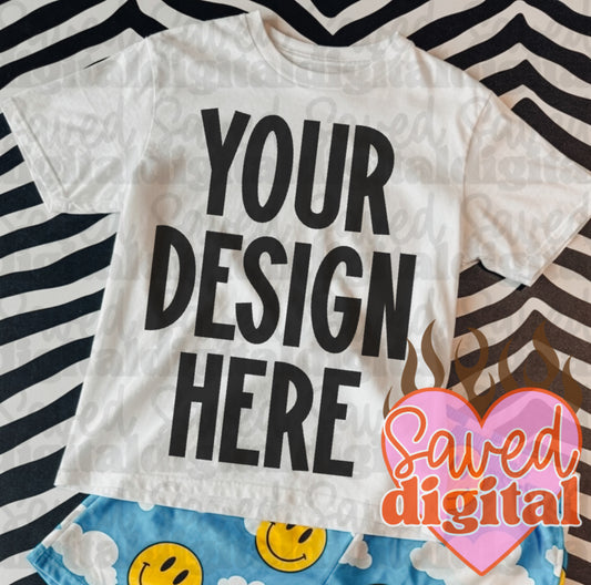 WHITE GILDAN FLAT LAY MOCK WITH SKY HAPPY SHORTS