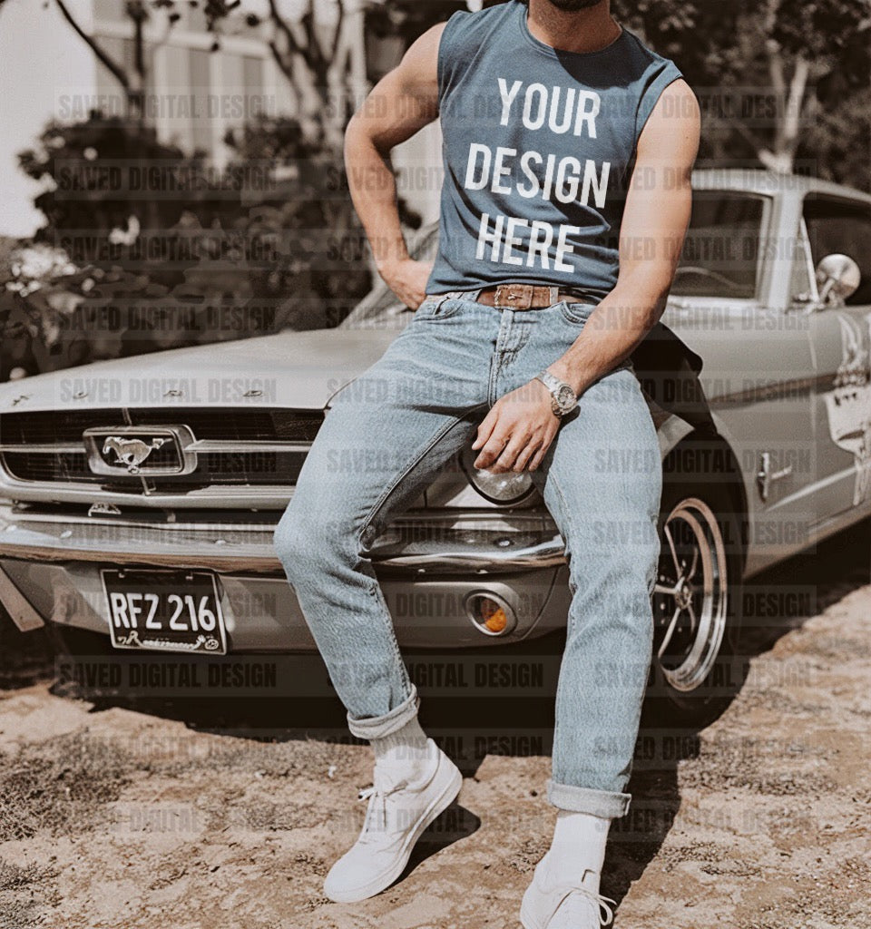 COMFORT COLOR BLUE JEAN T-SHIRT MODELED MEN MOCK EDGY