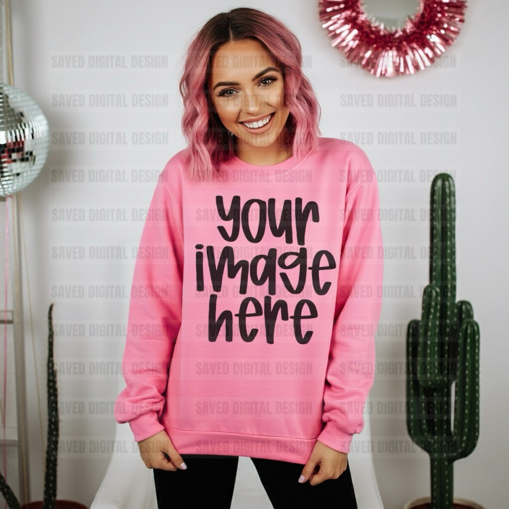 SAFETY PINK GILDAN SWEATSHIRT MOCK