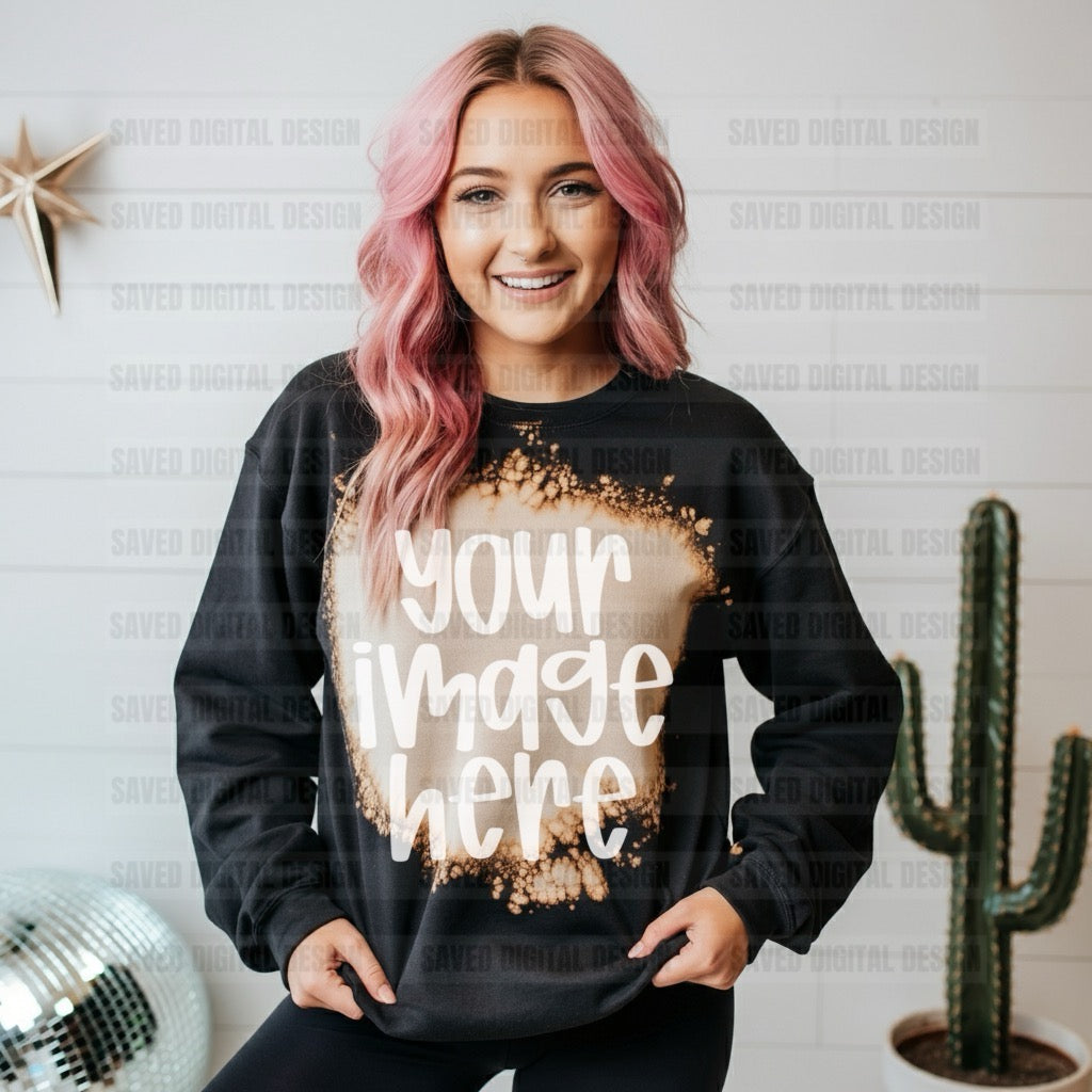 BLACK BLEACHED GILDAN SWEATSHIRT MOCK
