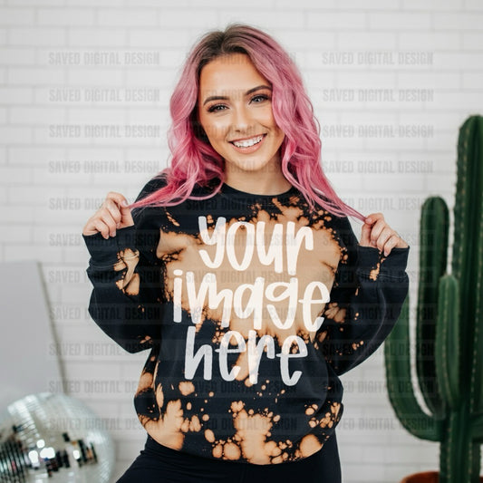 BLACK BLEACHED GILDAN SWEATSHIRT MOCK