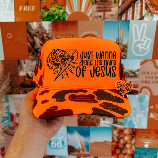 SPEAK THE NAME OF JESUS TRUCKER CAP PNG