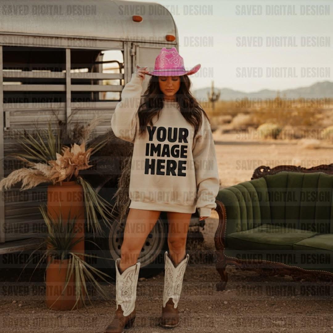 UNBRANDED SAND SWEATSHIRT COWGIRL FRONT MOCKS