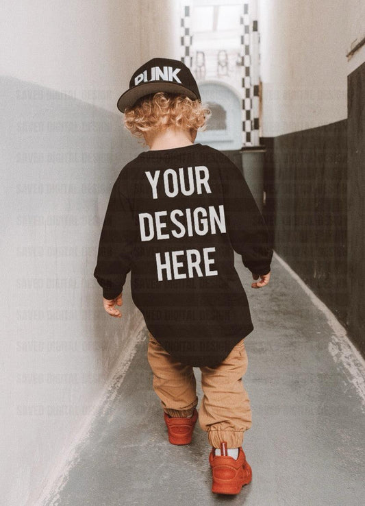 BLACK UNBRANDED LONG SLEEVE T-SHIRT MODELED BOY KIDS MOCK BLACK CAP
