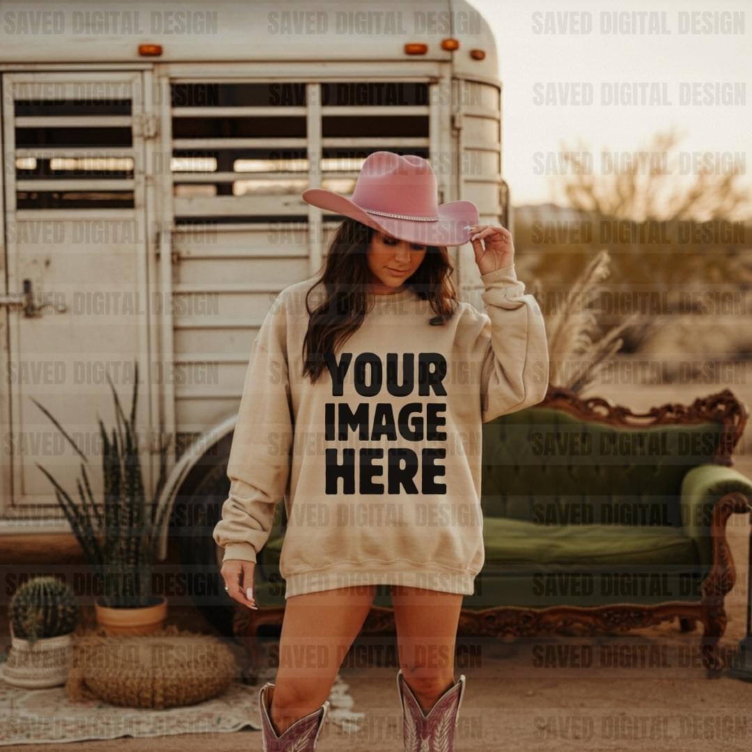 UNBRANDED SAND SWEATSHIRT COWGIRL FRONT MOCKS