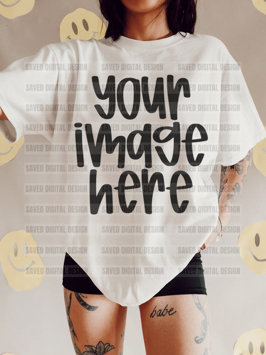 WHITE GILDAN T-SHIRT CLOSE UP MODELED MOCK SMILE WALL