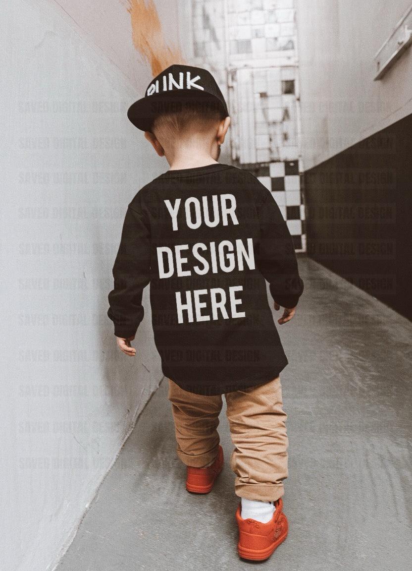 BLACK UNBRANDED LONG SLEEVE T-SHIRT MODELED BOY KIDS MOCK BLACK CAP