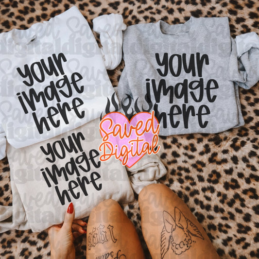 WHITE + SAND + SPORT GRAY GILDAN SWEATSHIRT FLAT LAY LEOPARD RUG MOCK