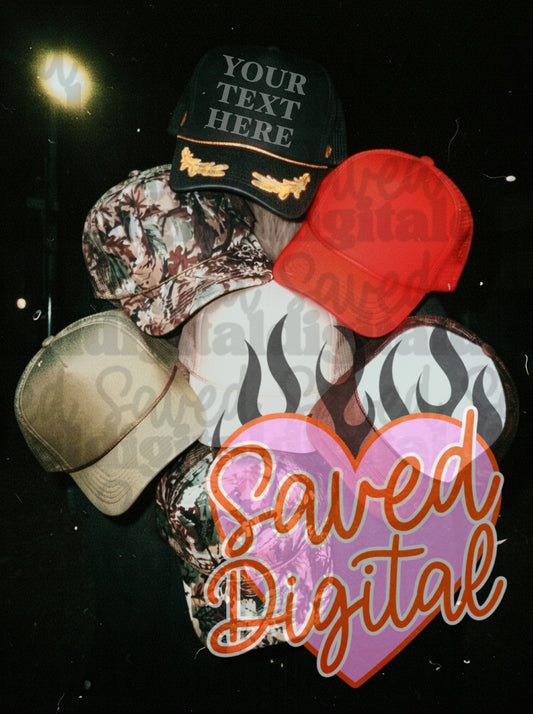 TRUCKER HAT COLLAGE MOCK BLACK BACKGROUND - CAMO BOAT RED GREEN BROWN TAN TRUCKER