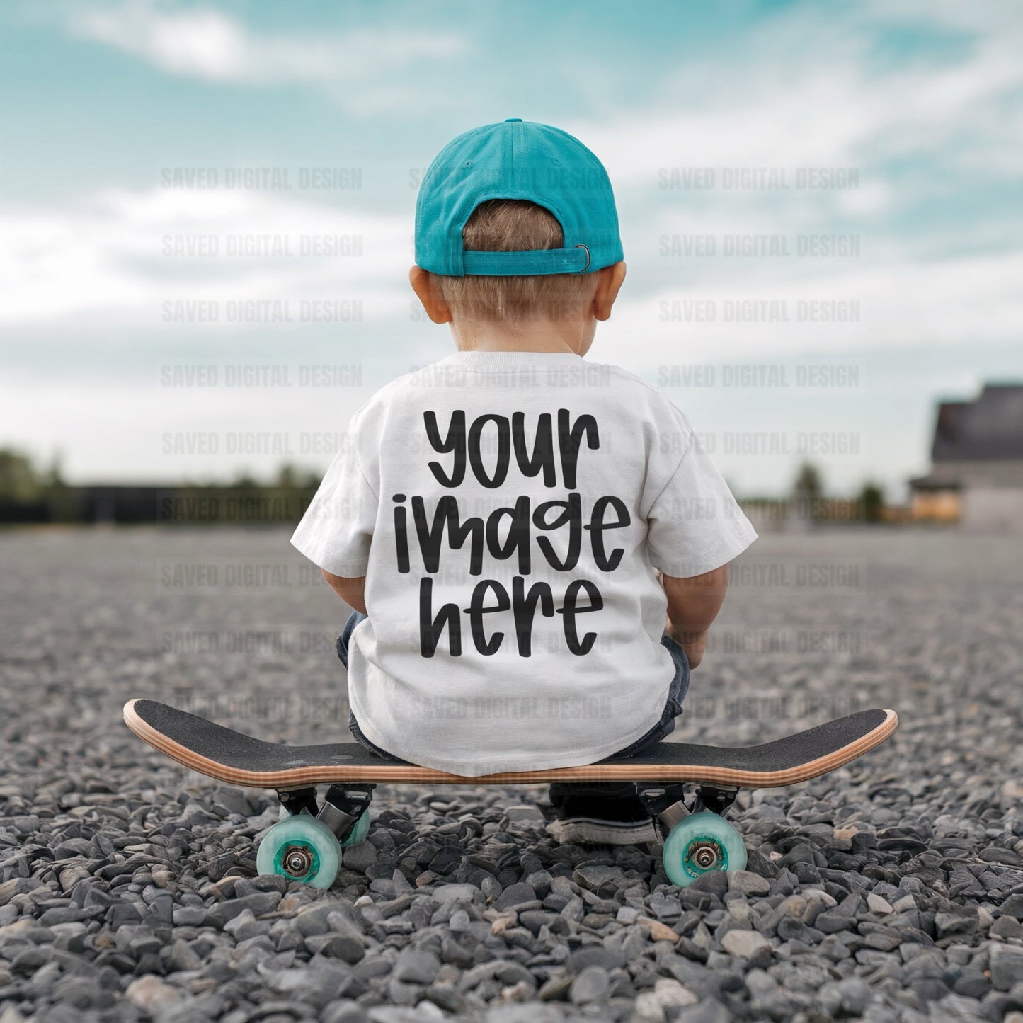 WHITE UNBRANDED TODLER T-SHIRT MODELED BOY KIDS MOCK SKATEBOARD