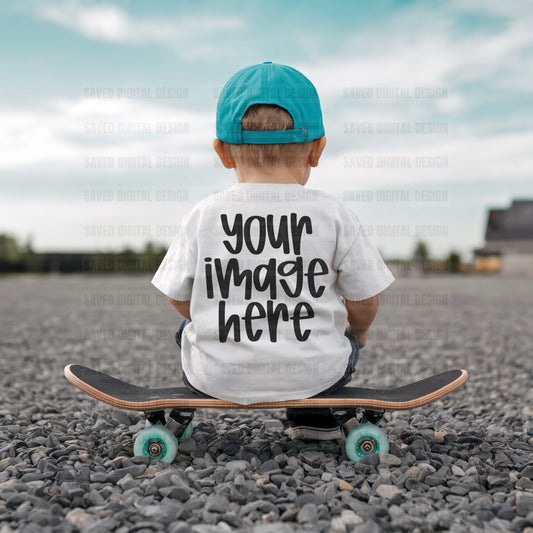 WHITE UNBRANDED TODLER T-SHIRT MODELED BOY KIDS MOCK SKATEBOARD