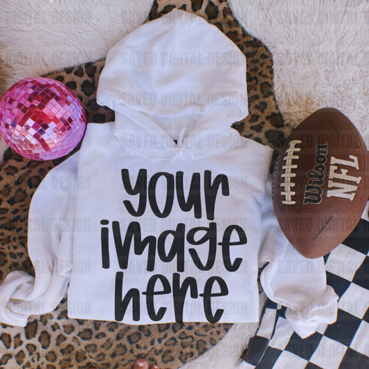 GILDAN WHITE HOODIE FLAT LAY MOCK FOOTBALL CHECKER LEOPARD