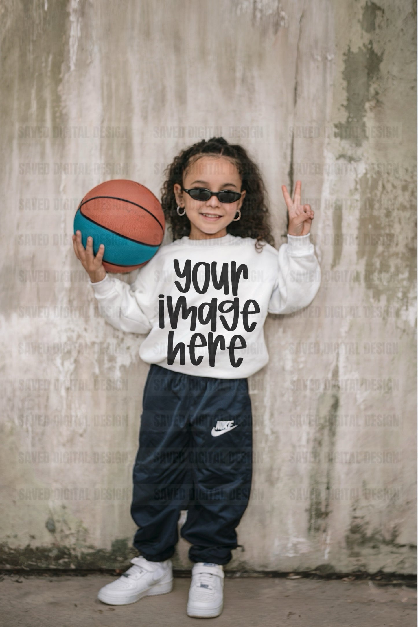 WHITE UNBRANDED SWEATSHIRT MODELED GIRL KIDS MOCK BASKETBALL