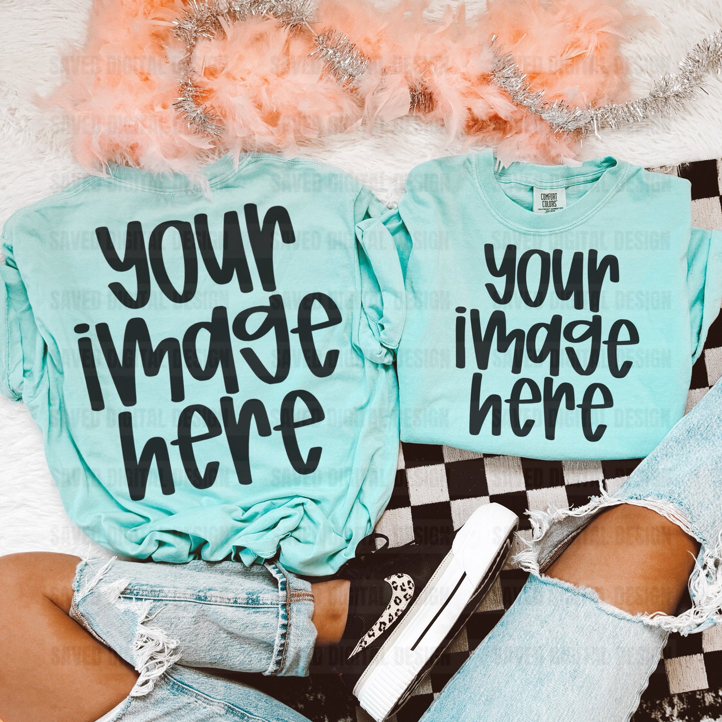 CHALKY MINT COMFORT COLOR T-SHIRT FLAT LAY FRONT + BACK MOCK CHECKERED RUG