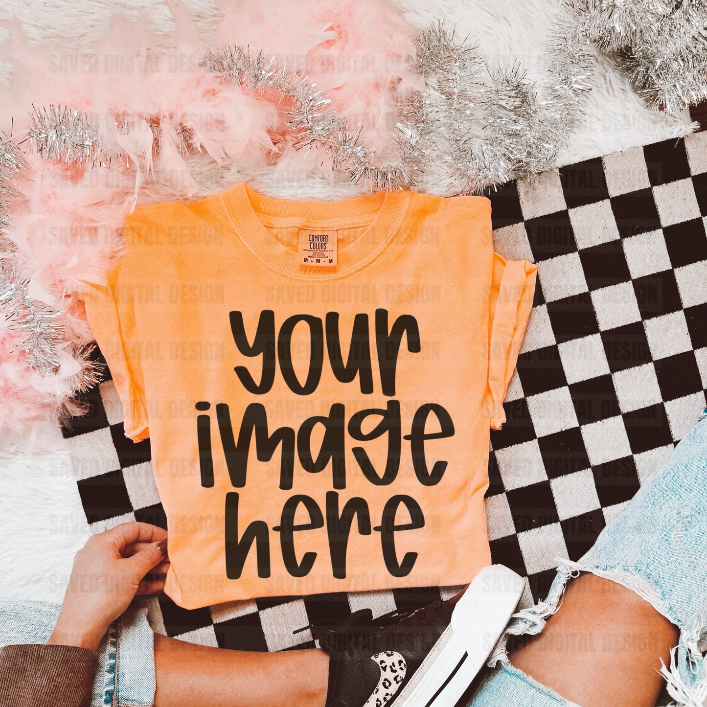 NEON CANTELOPE COMFORT COLOR T-SHIRT FLAT LAY MOCK CHECKERED RUG