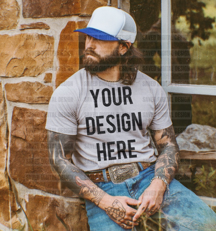 GREY GILDAN T-SHIRT MODELED MEN MOCK WESTERN