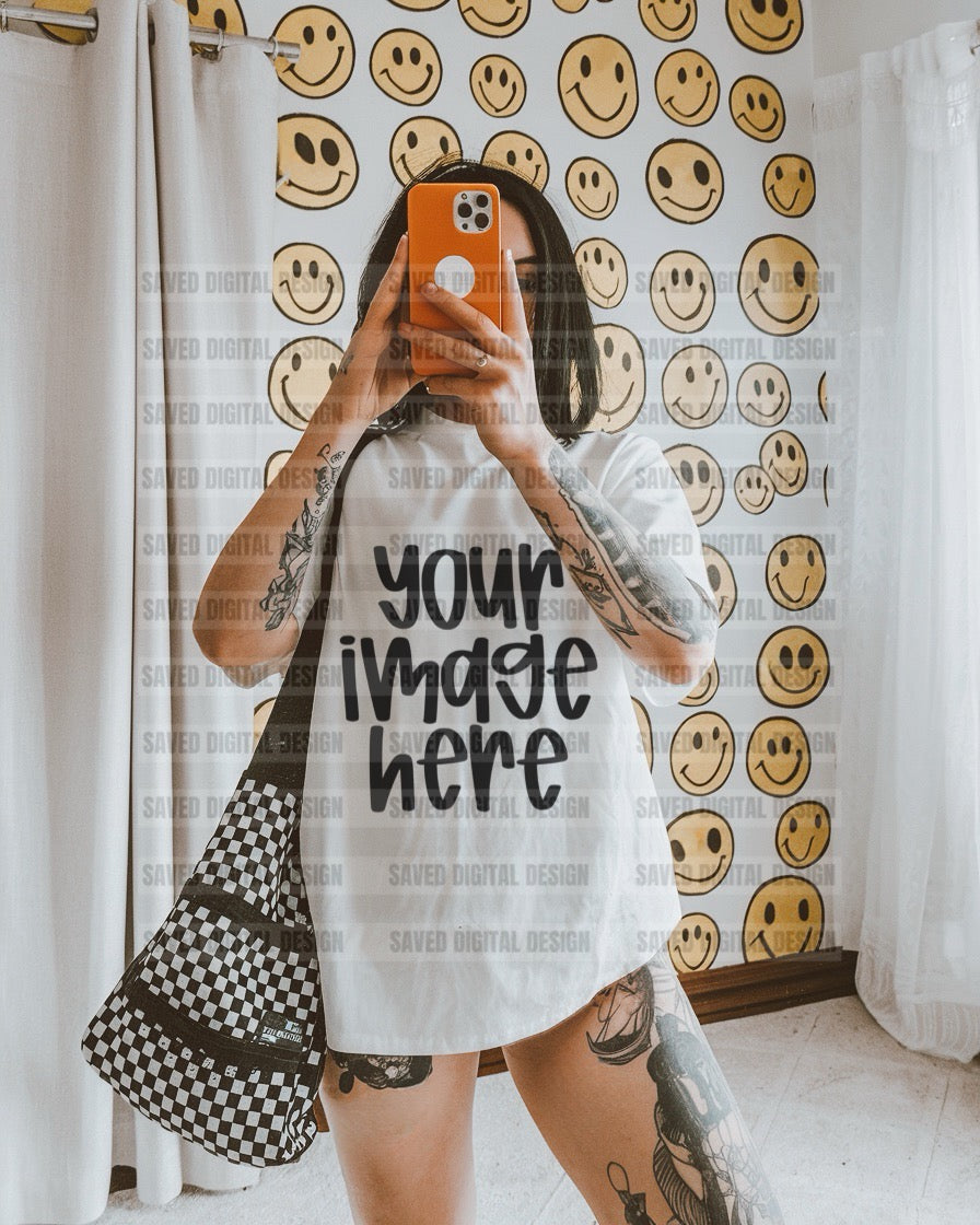 WHITE GILDAN T-SHIRT MODELED MOCK SMILE WALL