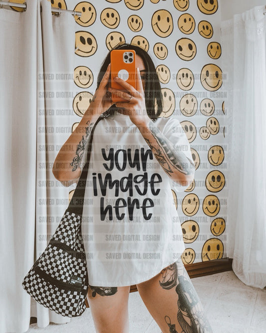 WHITE GILDAN T-SHIRT MODELED MOCK SMILE WALL