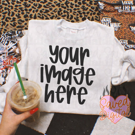 WHITE GILDAN FOLDED FLAT LAY T-SHIRT MOCK COFFEE