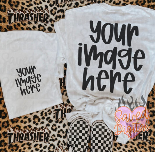 WHITE GILDAN FLAT LAY T-SHIRT MOCK POCKET + BACK CHECKER VAN