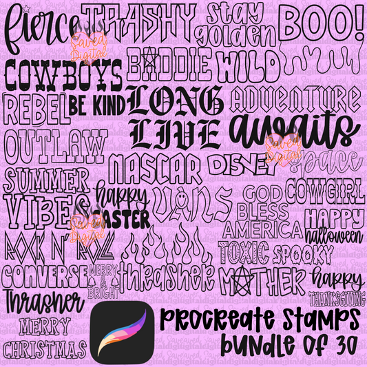 SAYINGS AND WORDS PROCREATE BRUSH SET OF 30 COMMERCIAL USE INCLUDED - NO REP CODES