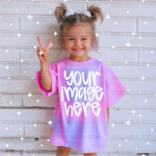 PINK PURPLE TIE DYE UNBRANDED TODLER T-SHIRT MODELED GIRL KIDS MOCK
