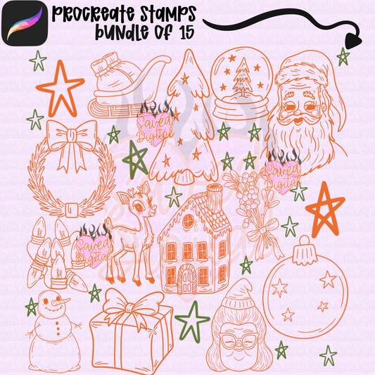 CHRISTMAS DOODLES PROCREATE BRUSH SET OF 15 COMMERCIAL USE INCLUDED - NO REP CODES