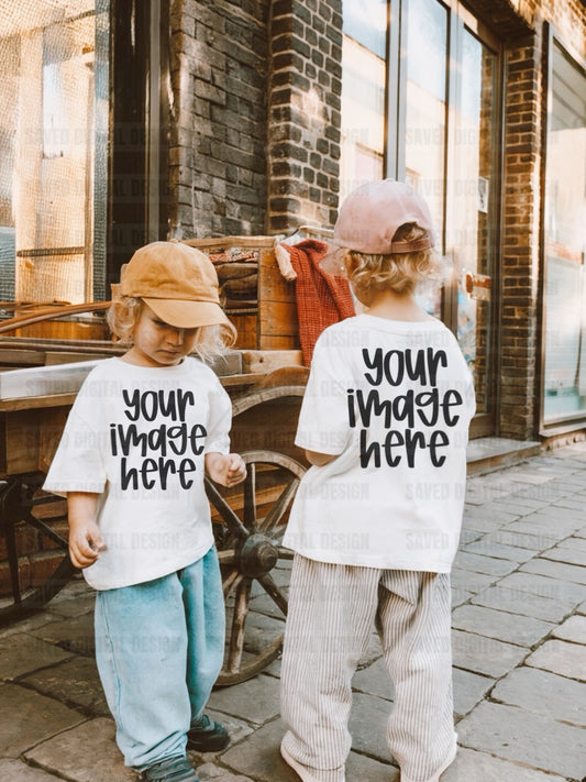 WHITE UNBRANDED T-SHIRT MODELED KIDS MOCK FRONT + BACK