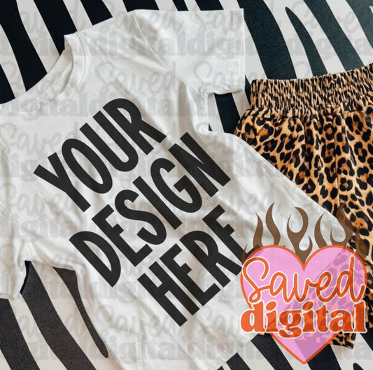 WHITE GILDAN FLAT LAY MOCK WITH LEOPARD SHORTS & ZEBRA BACKGROUND