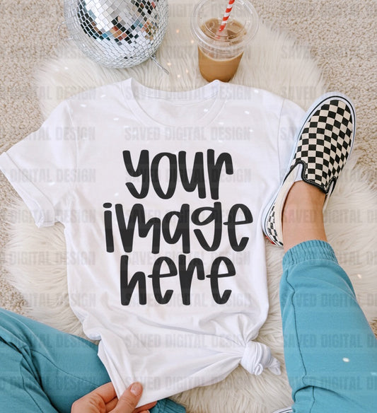 GILDAN WHITE FLAT LAY TEE MOCK BLUE PANTS COFFEE