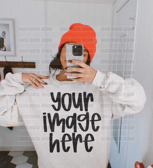 GILDAN ASH SWEATSHIRT MODELED MOCK MIRROR PINK BEANIE