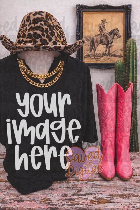 BLACK GILDAN TEE STORE MOCK LEOPARD HAT GOLD CHAIN PINK BOOTS
