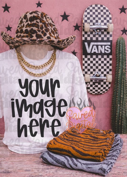 WHITE GILDAN TEE STORE MOCK LEOPARD HAT GOLD CHAIN VANS SKATEBOARD