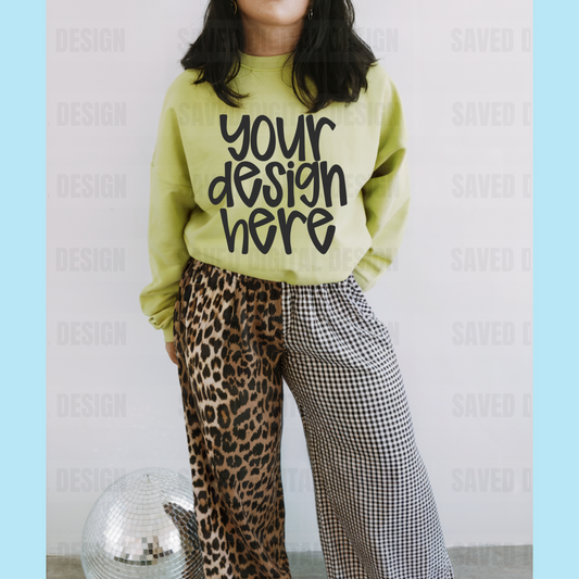 NEON GREEN GILDAN SWEATSHIRT MOCK CHECKER + LEOPARD PANTS