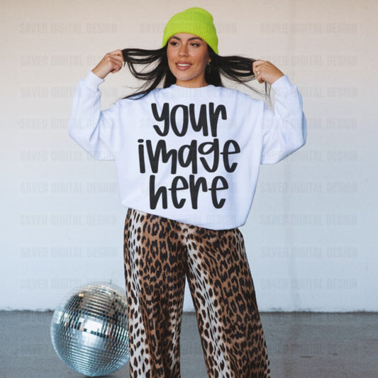 WHITE GILDAN SWEATSHIRT MOCK LEOPARD PANTS