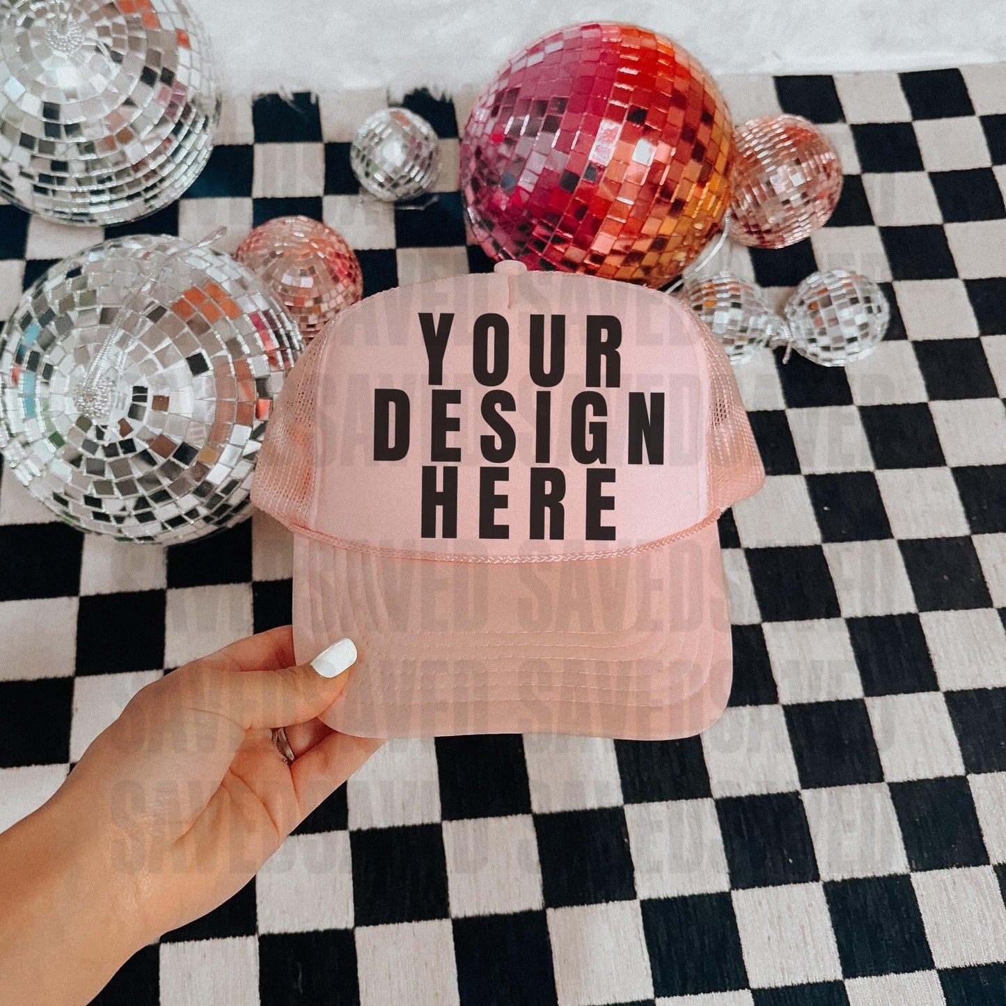 CHECKERED DISCO PINK TRUCKER CAP MOCK