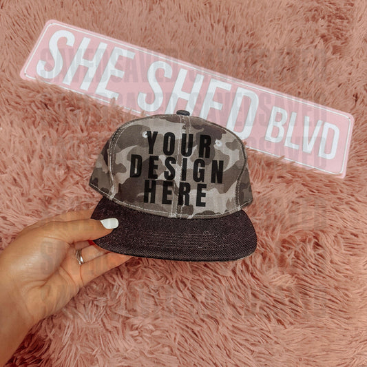 SHE SHED CAMO TRUCKER CAP MOCK