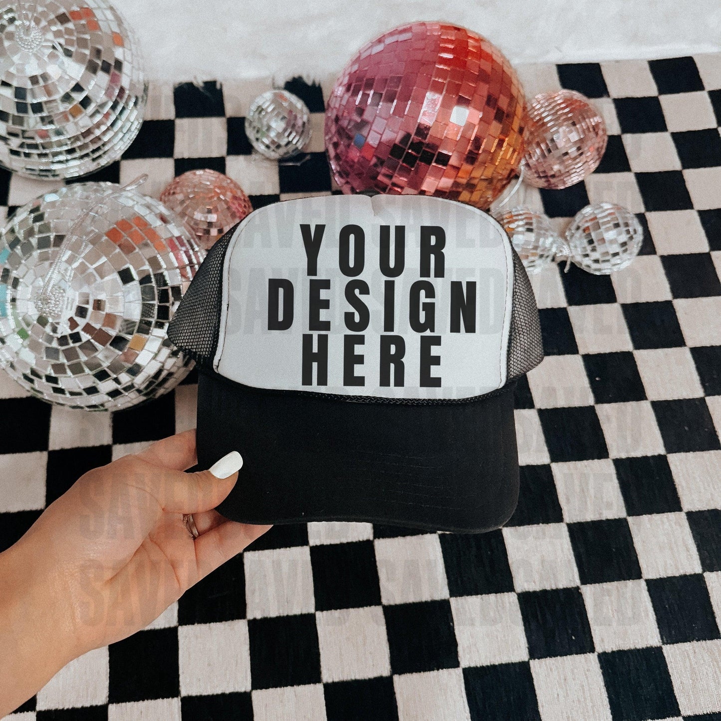 CHECKERED DISCO BLACK WHITE TRUCKER CAP MOCK