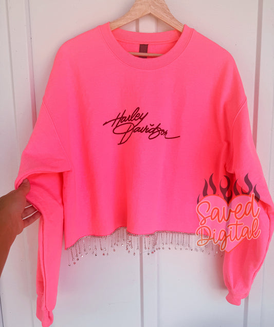 EMBROIDERED HARLEY NEON PINK RHINESTONE TASSEL CROPPED SWEATSHIRT - LARGE