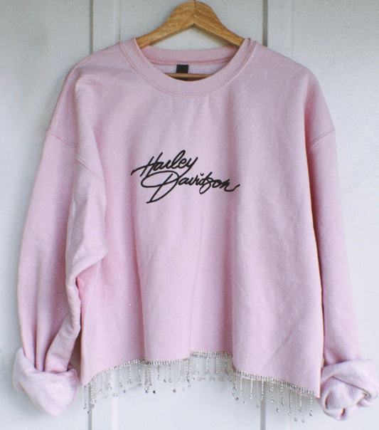 EMBROIDERED HARLEY SOFT PINK RHINESTONE TASSEL CROPPED SWEATSHIRT - LARGE