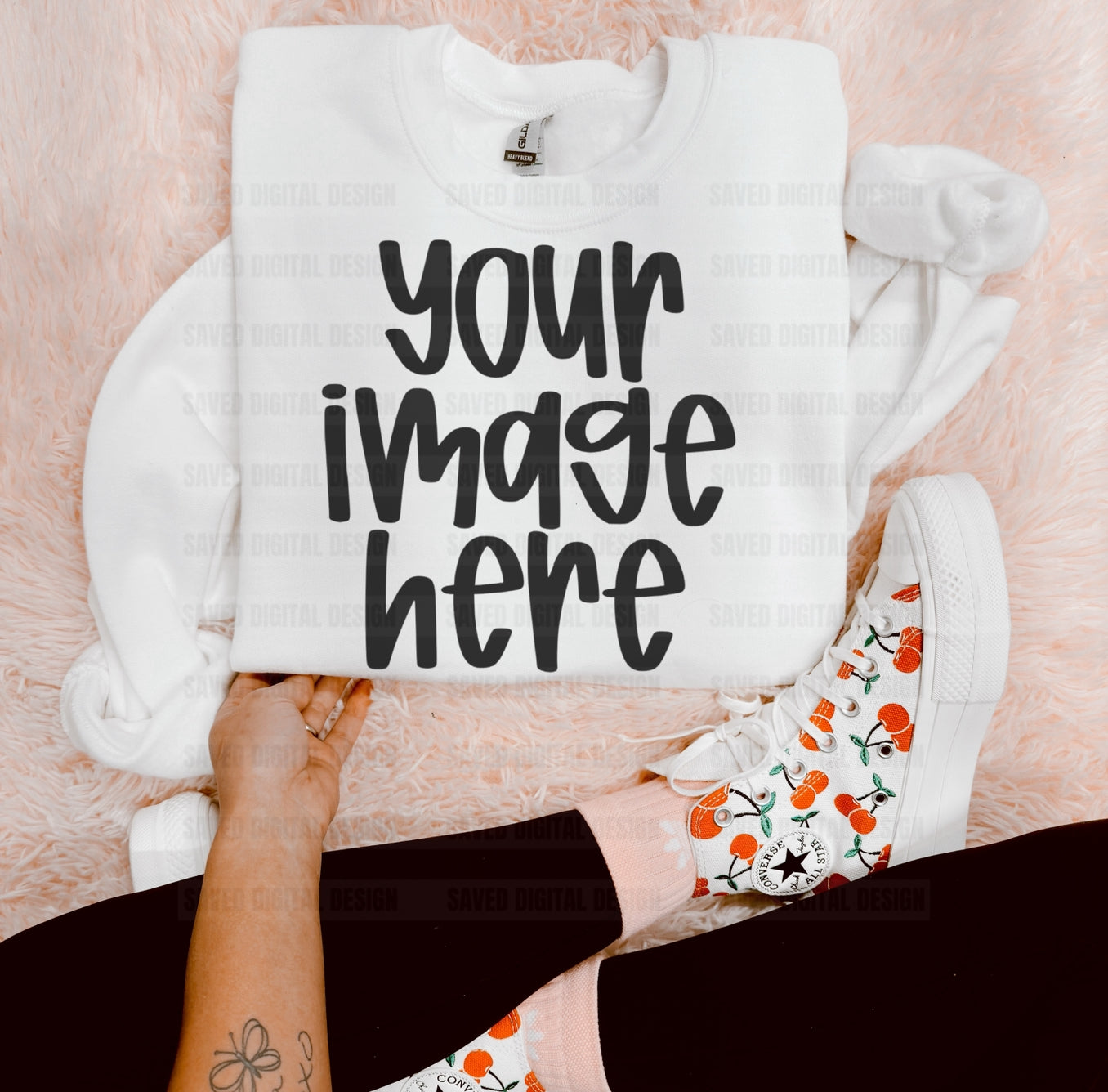 GILDAN WHITE SWEATSHIRT FLAT LAY PINK RUG CHERRY MOCK