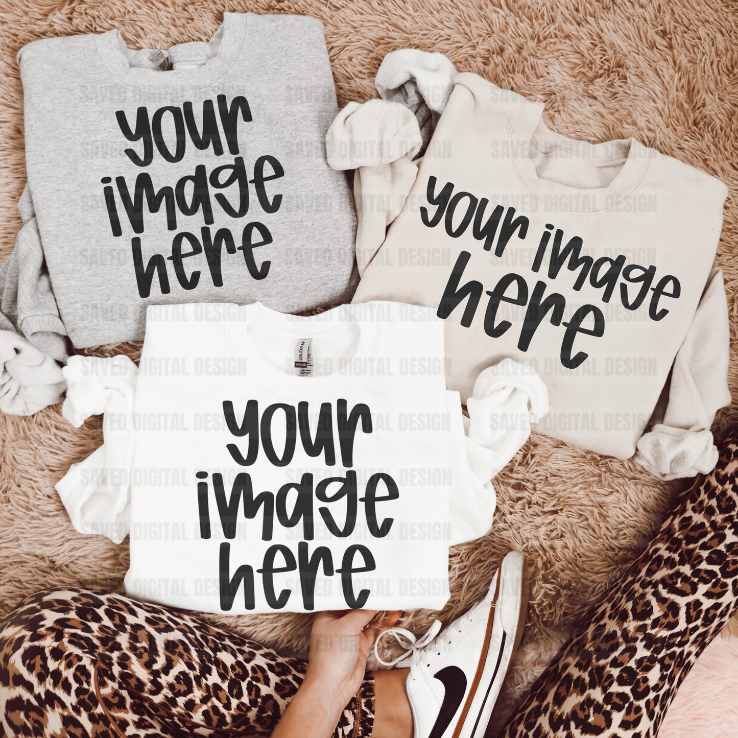 WHITE GREY SAND TRIO GILDAN FLAT LAY PINK RUG LEOPARD BOTTOMS MOCK