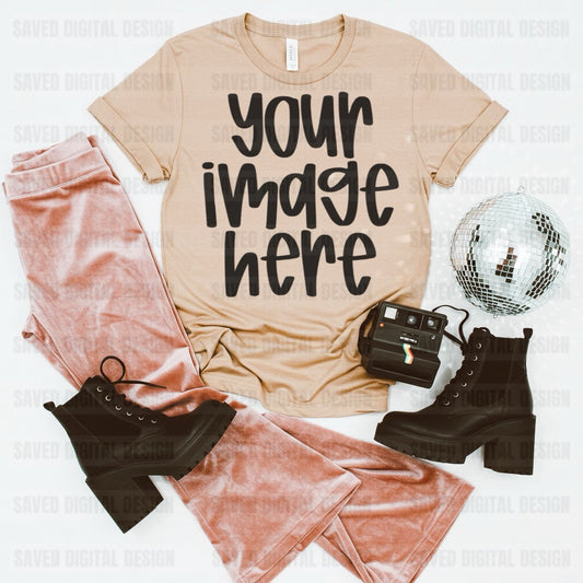 SAND UNBRANDED T-SHIRT FLAT LAY PREPPY DISCO MOCK